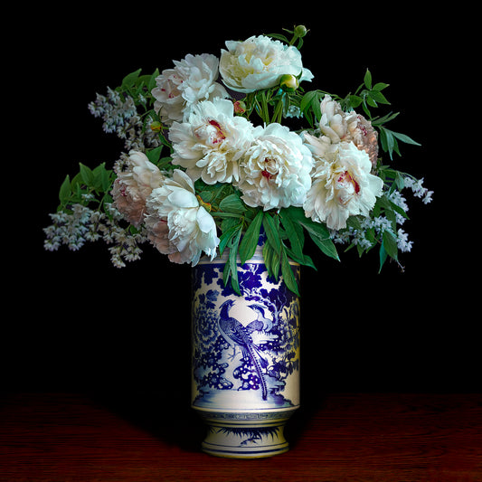 Peonies in a Blue and White Chinese Peacock Vase, 2021
