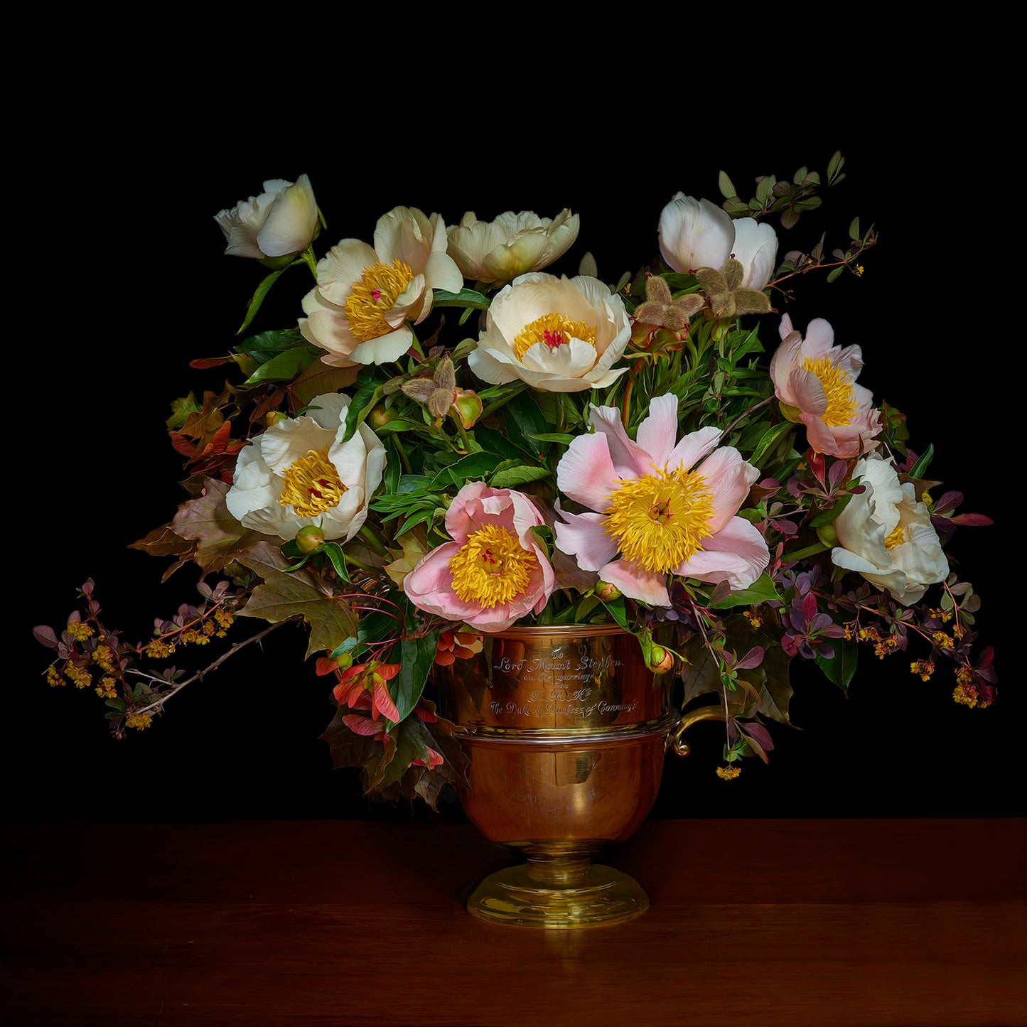 Red Maple and Peony Seed Pods in a Historic Brass Cup, 2018