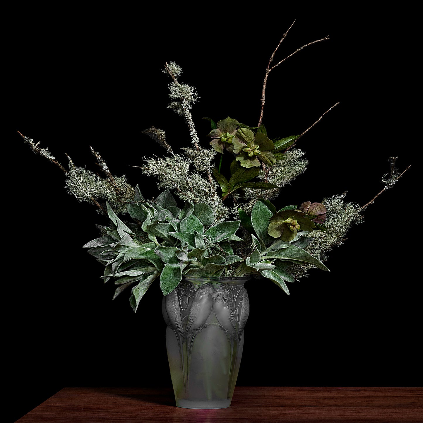 Lamb's Ear and Lichens on Pine Branches in a Lalique Glass Vase, 2018