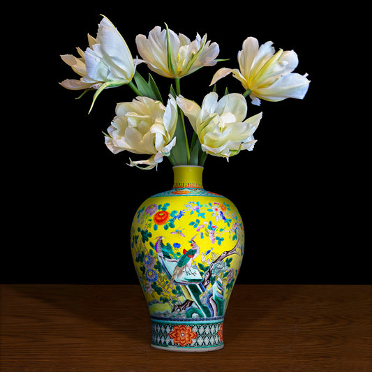 Double Tulips in a Yellow Royal Chinese Vase