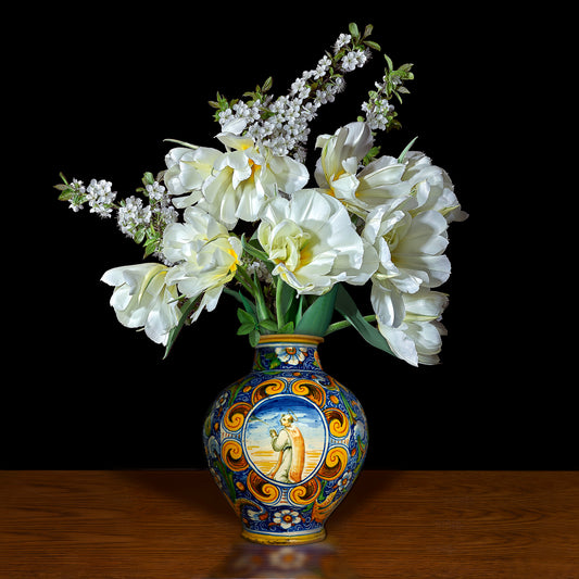 Plum Blossoms and Double Tulips in an Italian Vessel
