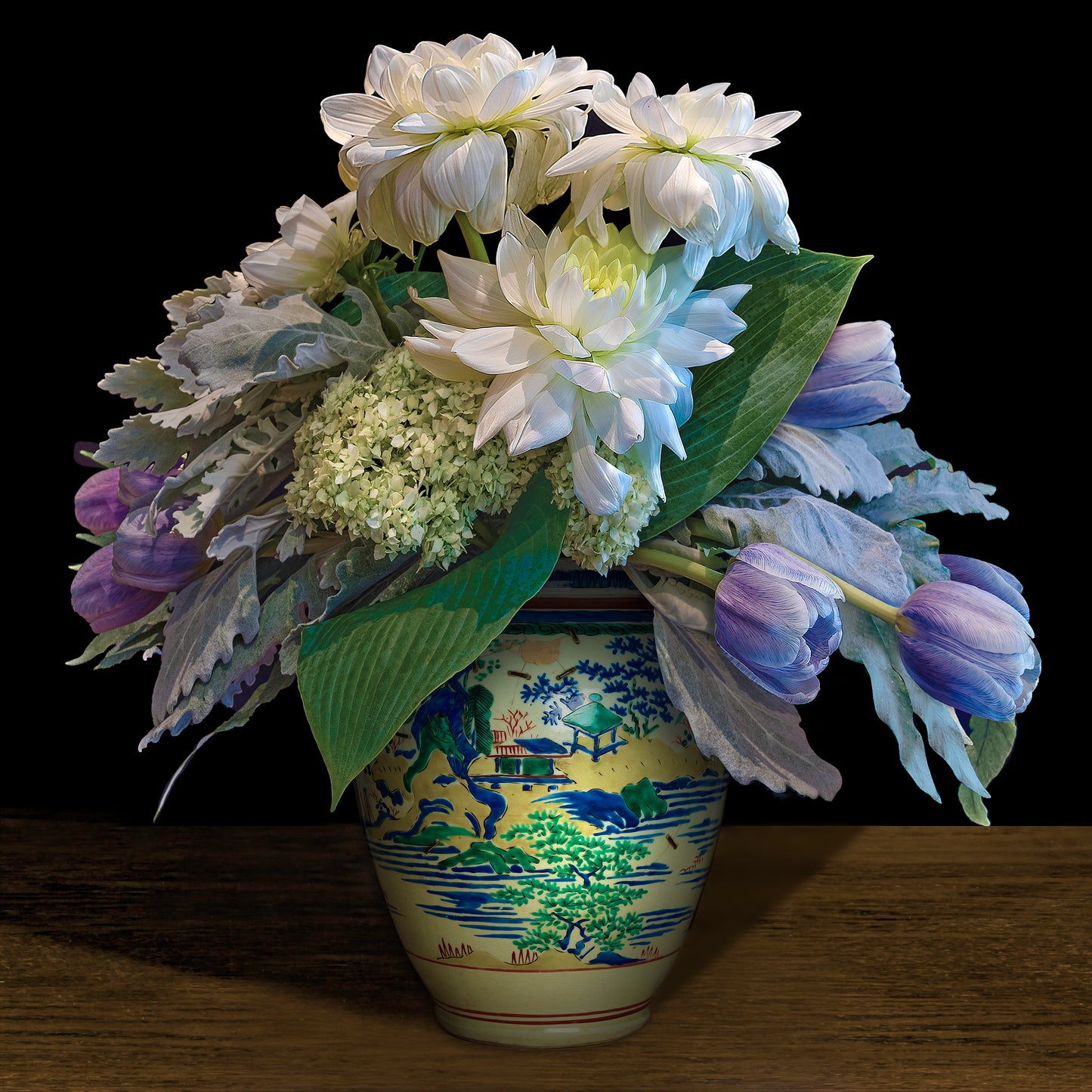 Dahlias, Tulips, and Hydrangeas in a Japanese Vase