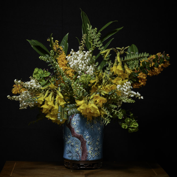 Yellow, White, and Orange Bouquet in an Asian Vessel